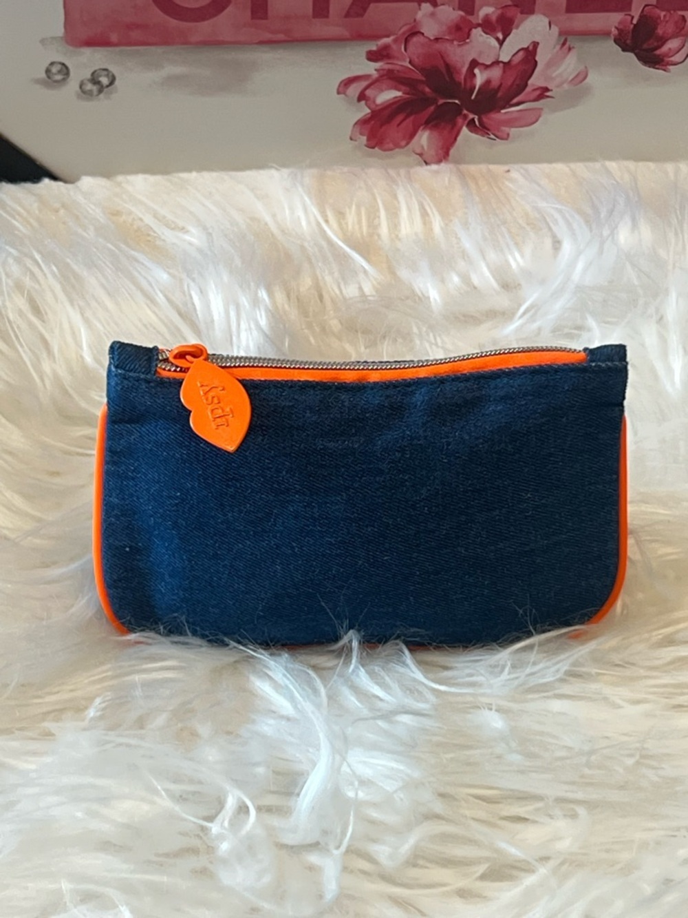 ipsy Dark Blue Denim Cosmetic Bag with Bright Orange Trim